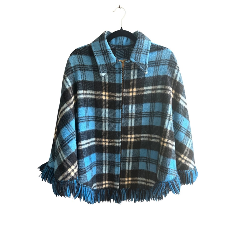 Vintage Pioneer Wear Albuquerque Blue Plaid Wool Zip Front Fringe Poncho Cape L